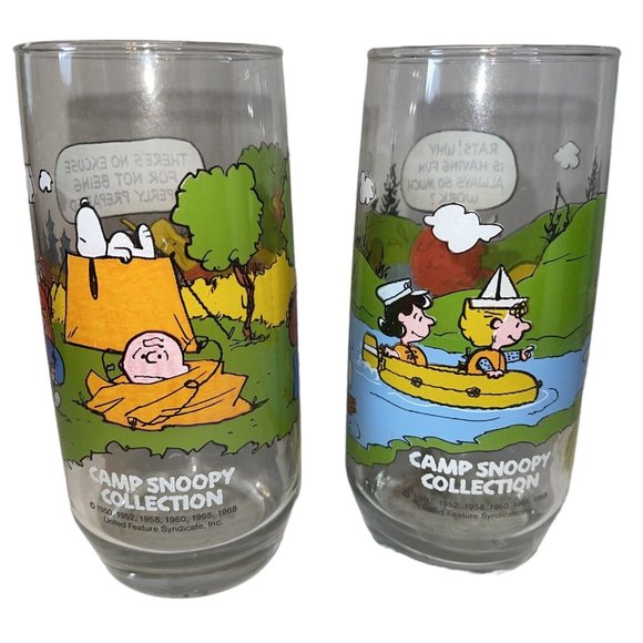 Vtg McDonalds Peanuts Camp Snoopy Lucy & Charlie Brown Glasses 1950’s 2 Included - Picture 2 of 2